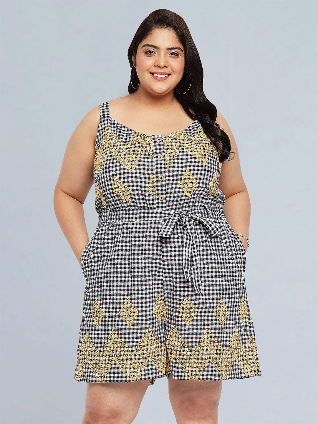 

wild U Checked with Embroidered Jumpsuit, Black