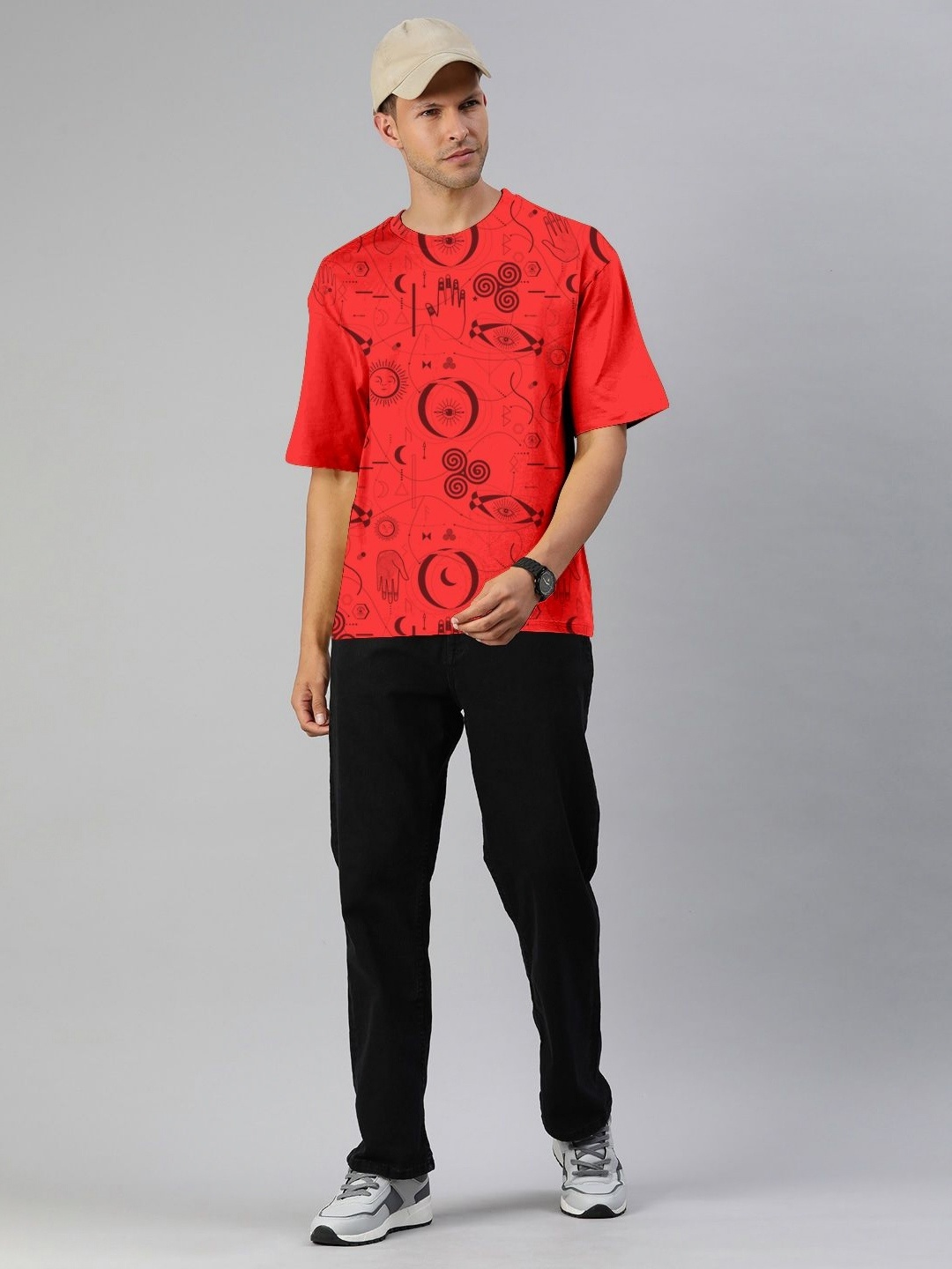 

Huetrap Men Printed Henley Neck Pockets T-shirt, Red