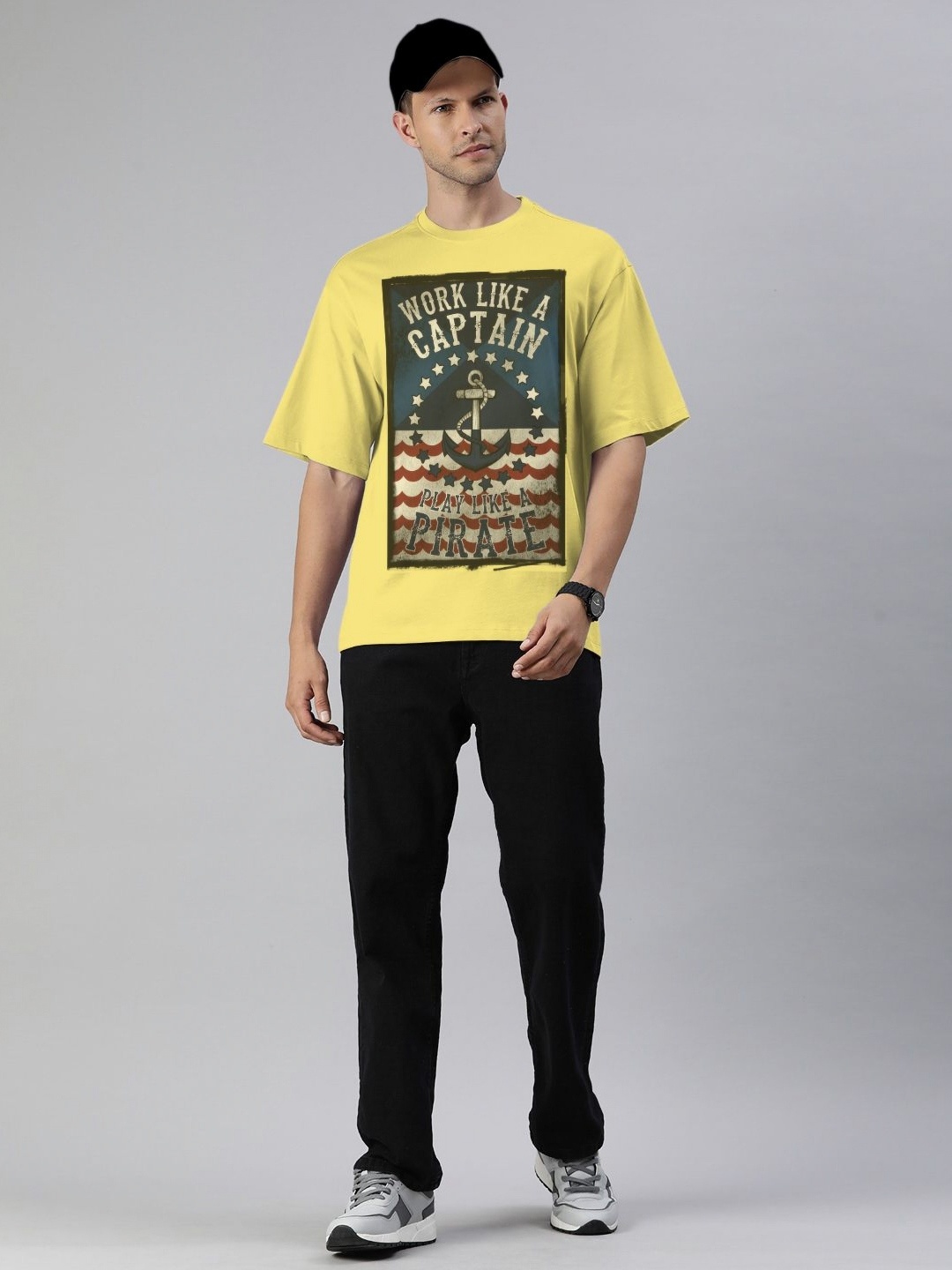 Huetrap Men Typography Printed Applique T-shirt, Yellow