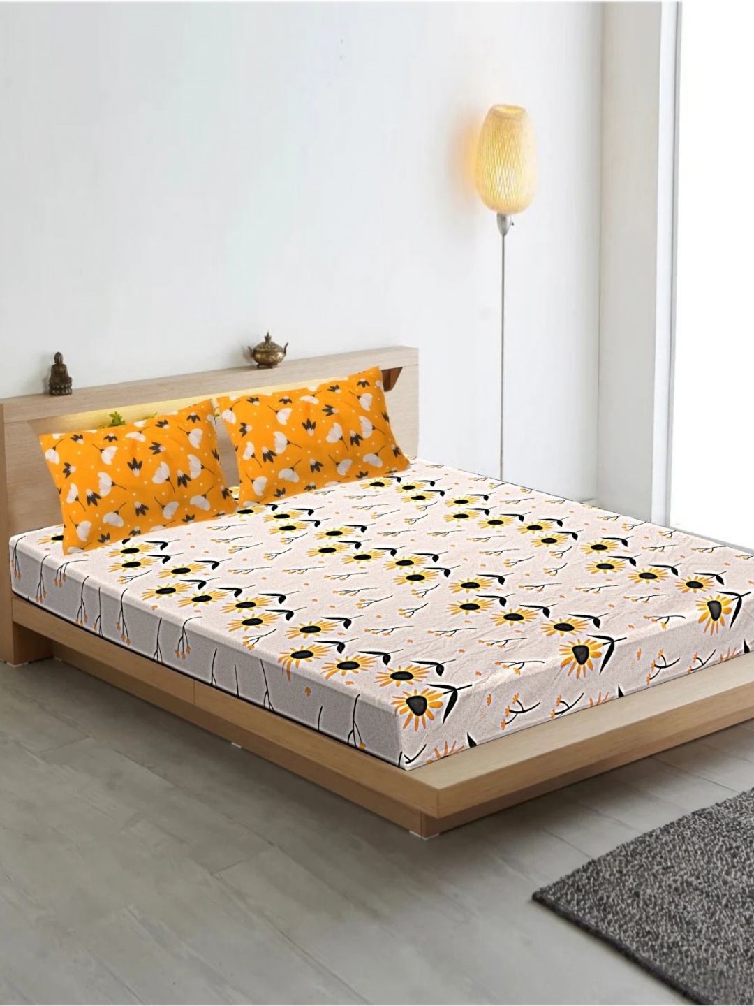 

INDHOME LIFE Grey & Orange Floral 210 TC King Bedsheet with 2 Pillow Covers