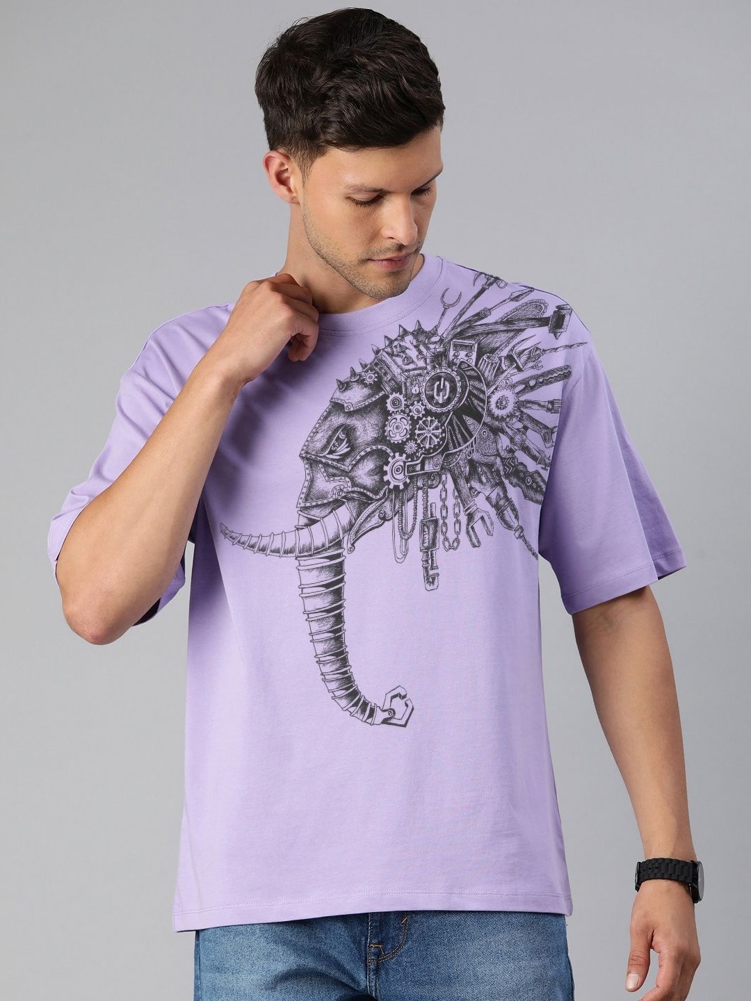 Huetrap Men Typography Printed Raw Edge T-shirt, Violet