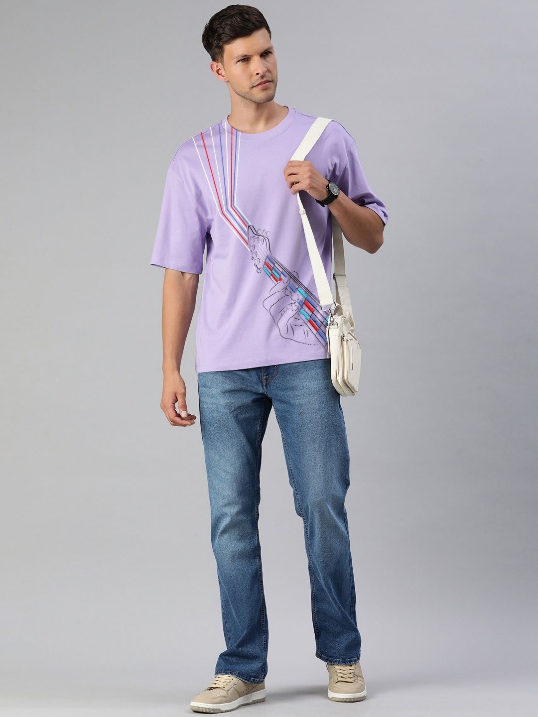 

Huetrap Men Typography Printed V-Neck Applique T-shirt, Violet