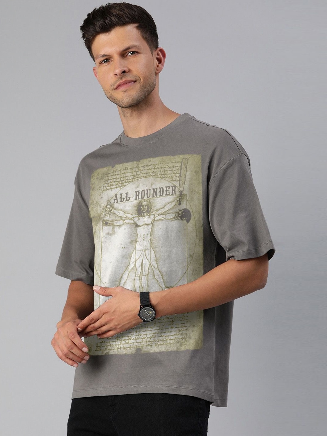 

Huetrap Men Typography Printed Extended Sleeves Raw Edge T-shirt, Charcoal