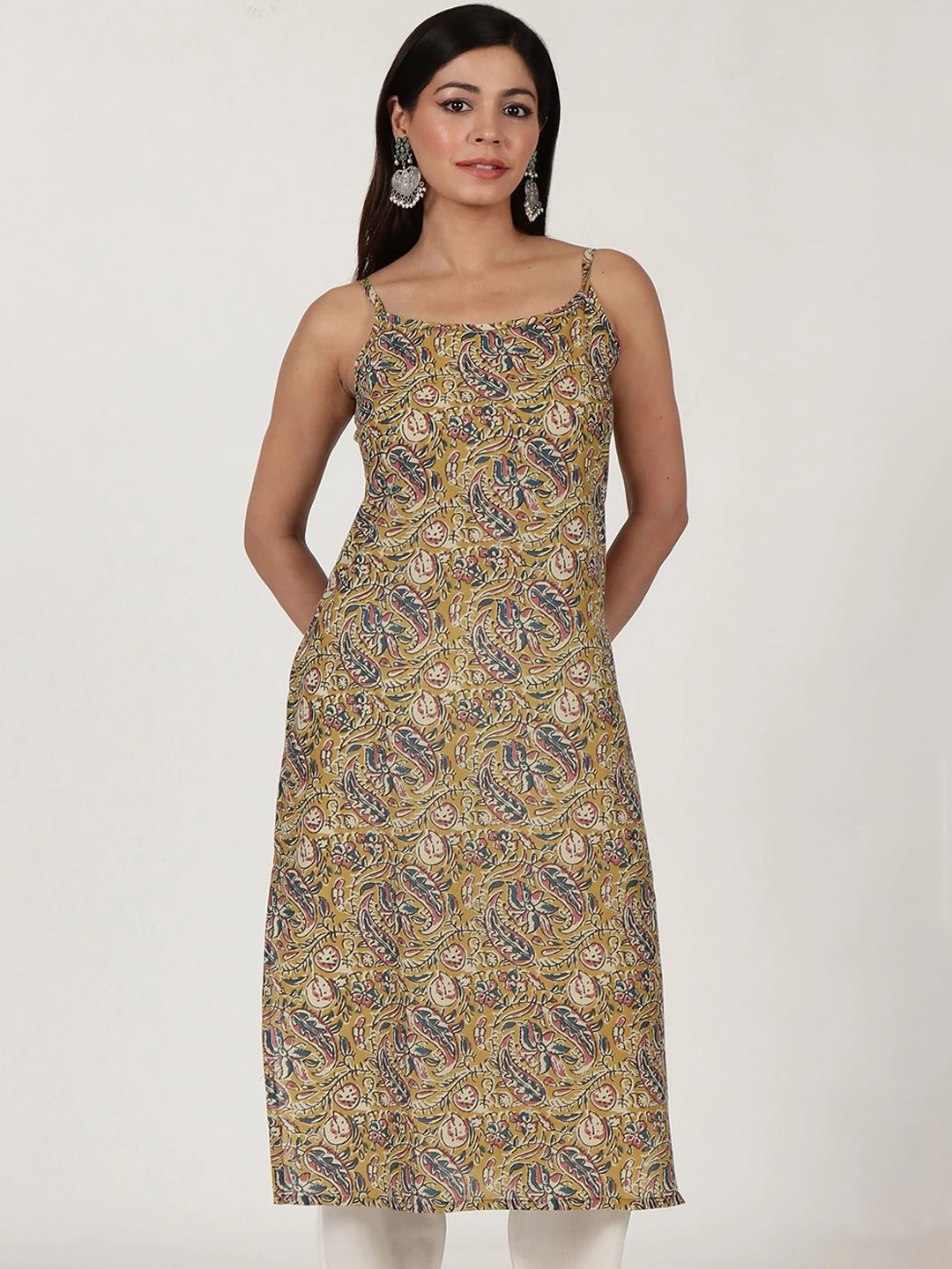 

TJORI Women Floral Printed Mirror Work Kurta, Yellow