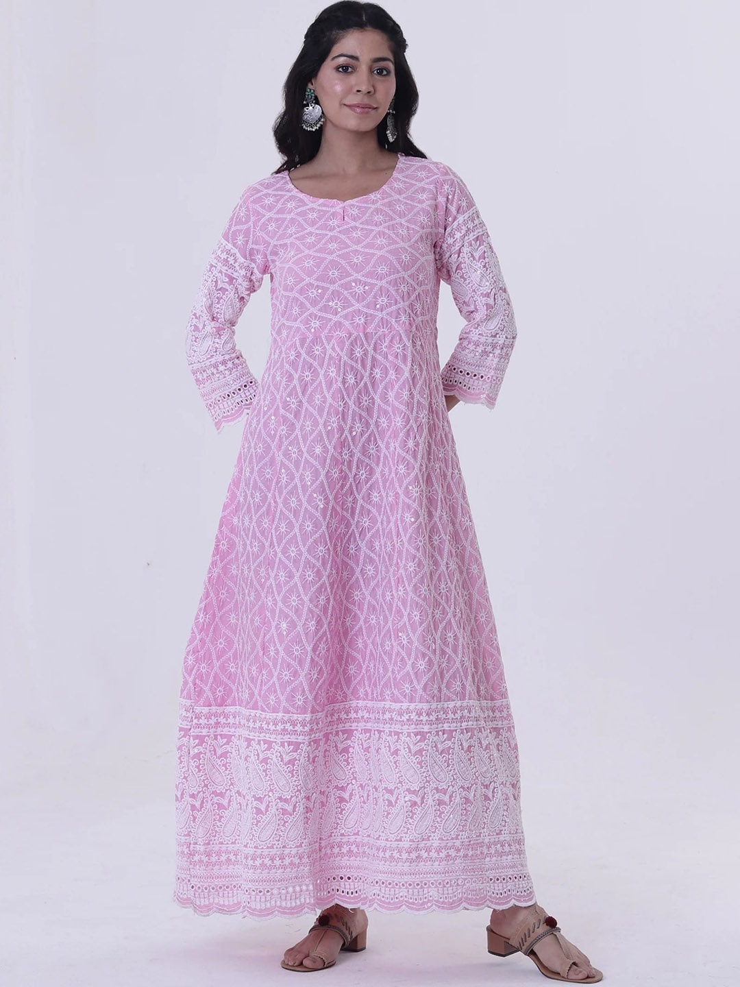 

TJORI Women Geometric Flared Sleeves Thread Work Anarkali Kurta, Pink