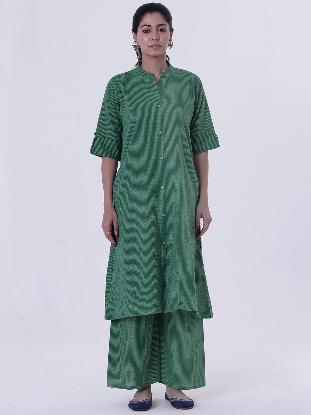 

TJORI Women Thread Work Pathani Kurta, Green