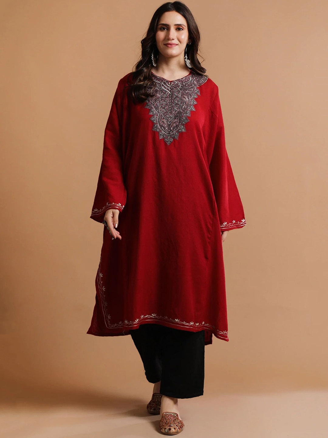 

TJORI Women Ethnic Motifs Yoke Design Flared Sleeves Woollen Kaftan Kurta, Red