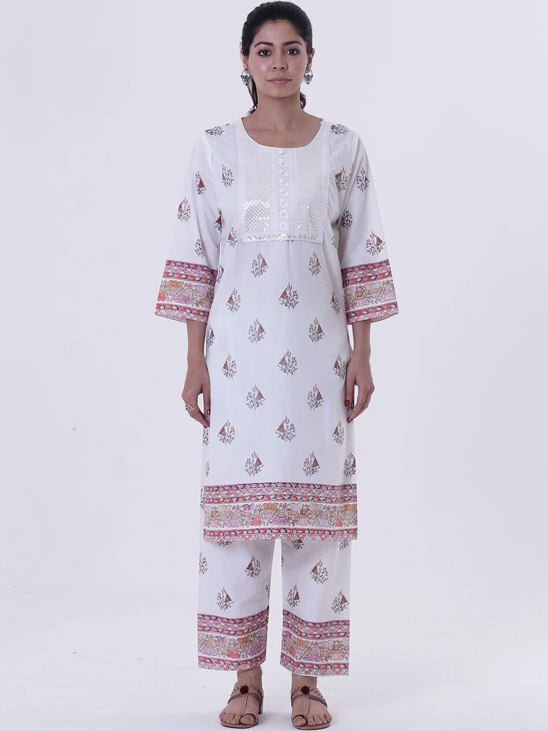 

TJORI Women Quirky Embroidered Thread Work Pathani Kurta, White