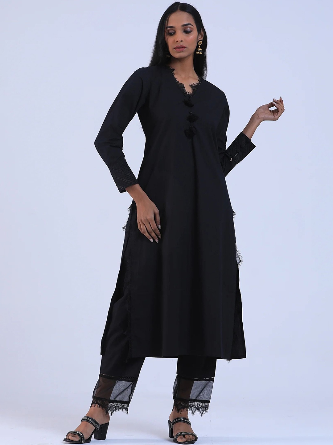 

TJORI Women Patchwork Anarkali Kurta, Black