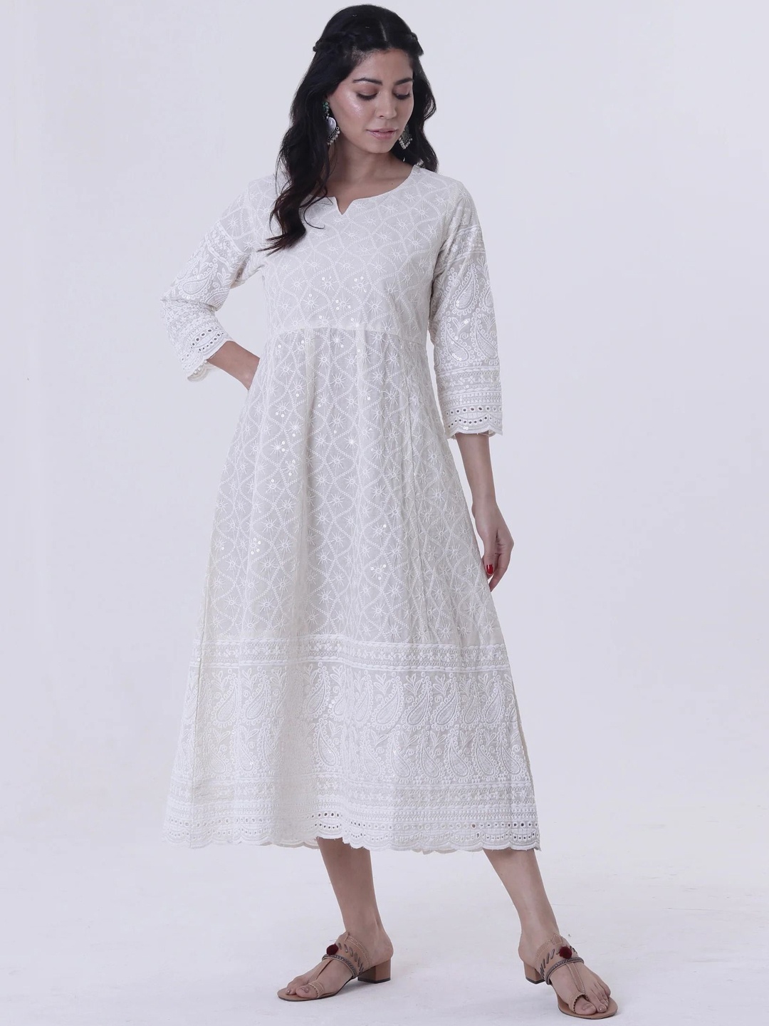 

TJORI Women Tribal Mirror Work Anarkali Kurta, White