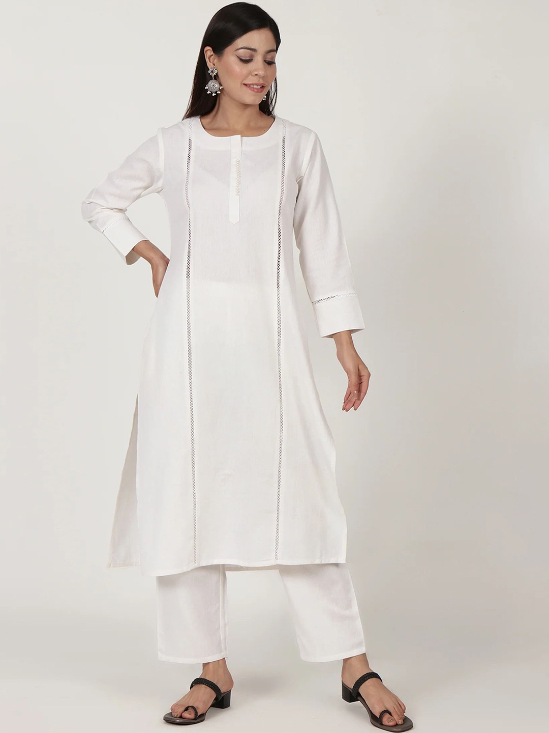 

TJORI Women Embroidered Flared Sleeves Gotta Patti Kurta, White