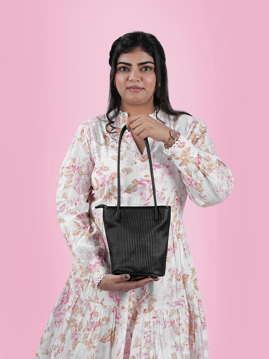 Metro Oversized Structured Shoulder Bag with Cut Work, Black