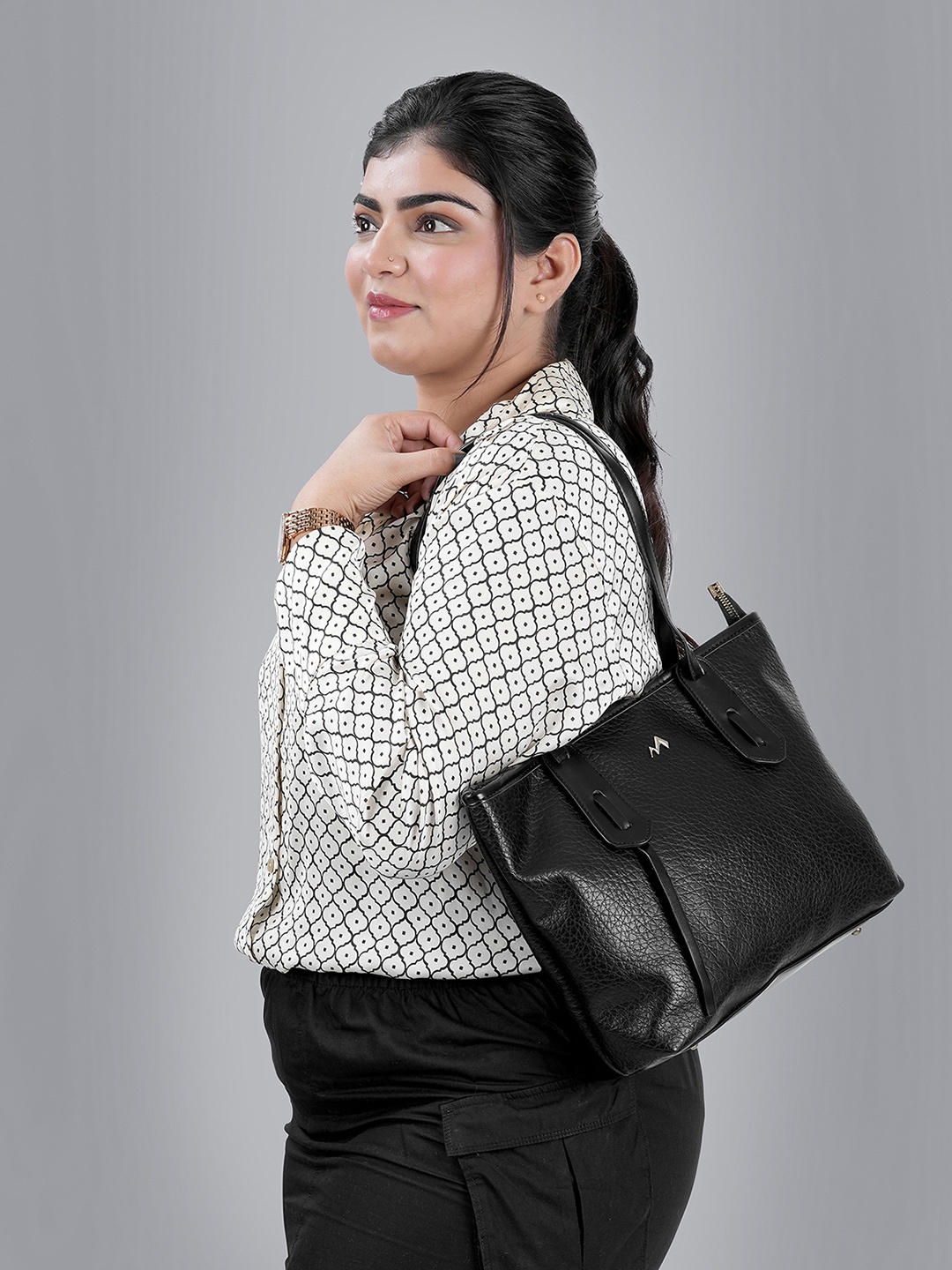 

Metro Structured Shoulder Bag with Cut Work, Black