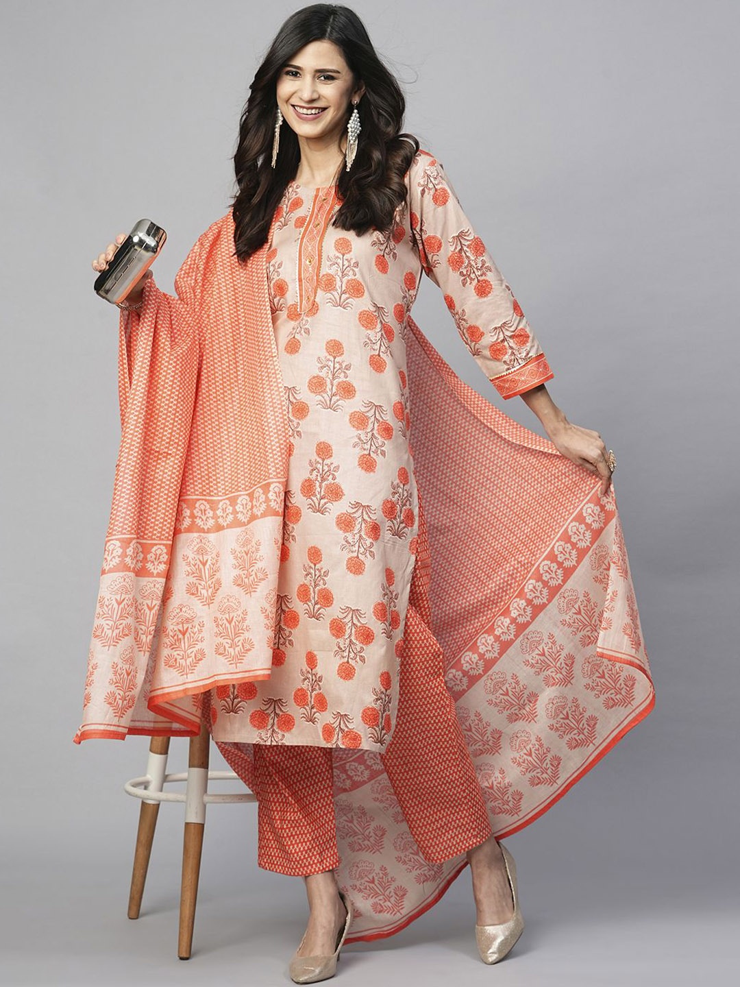 

KALINI Women Floral Printed Regular Pure Cotton Kurta with Trousers & With Dupatta, Orange