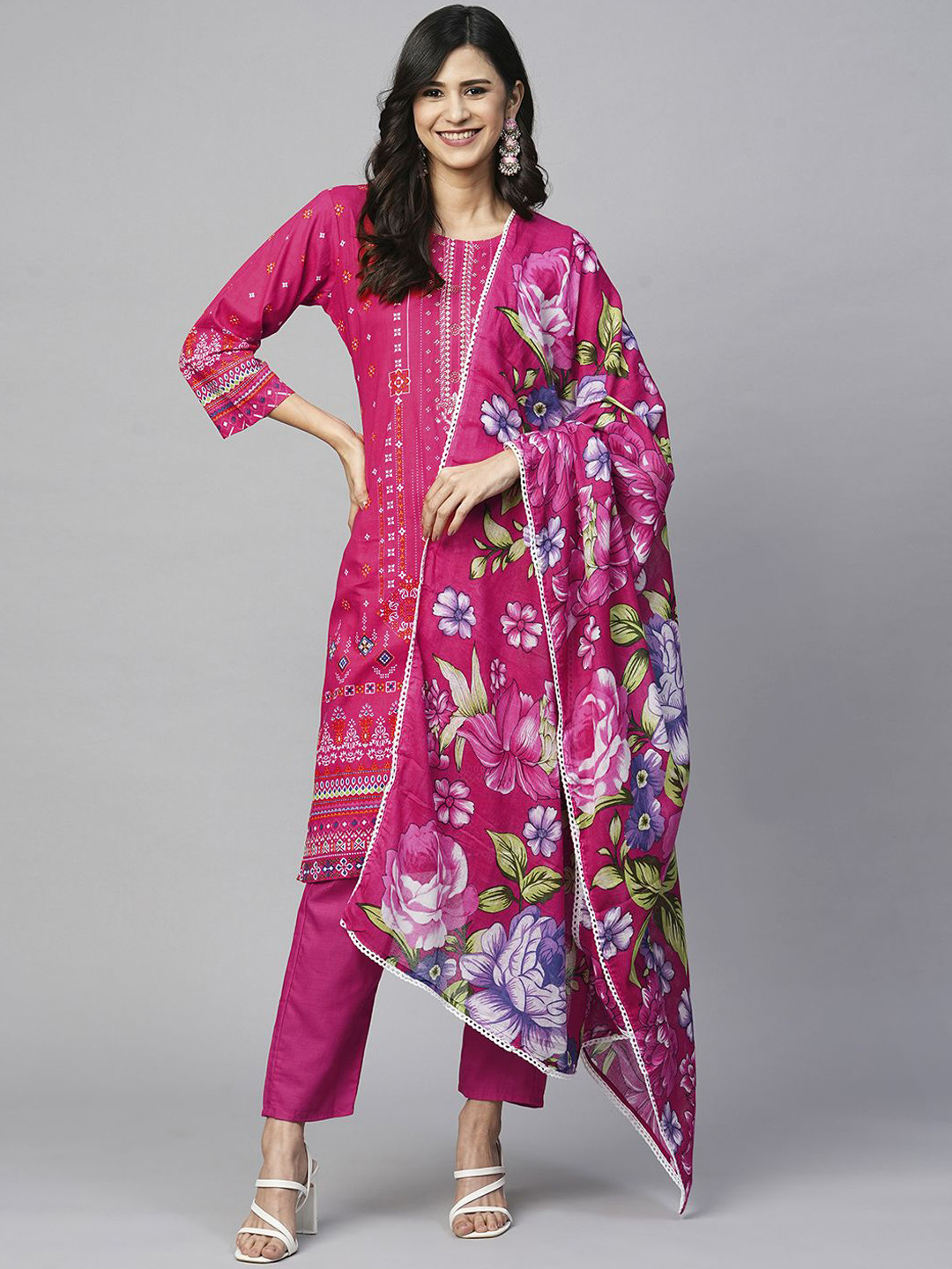 

KALINI Women Floral Printed Regular Thread Work Pure Cotton Kurti with Trousers & With Dupatta, Pink