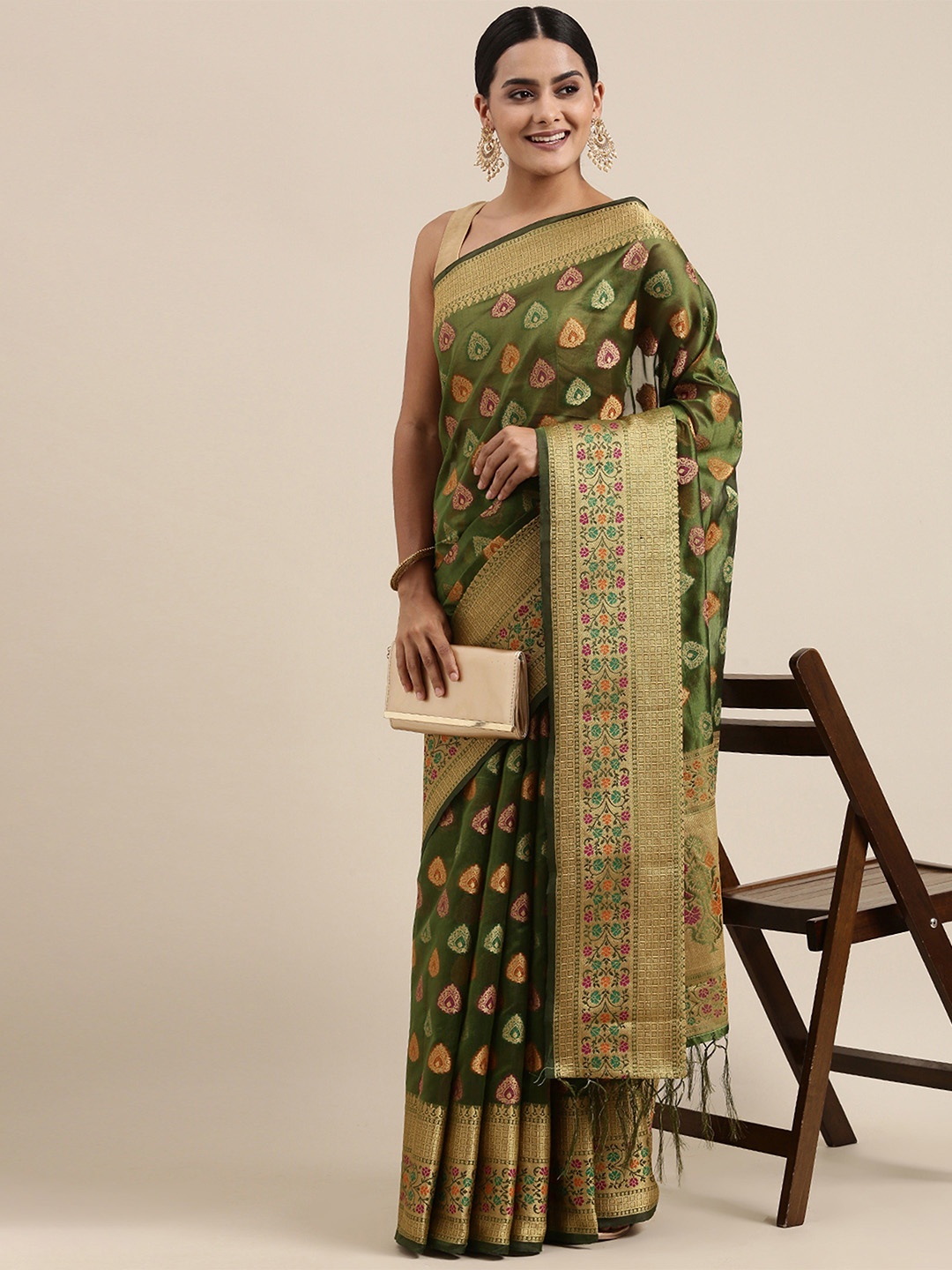 

HEER FASHION Ethnic Motifs Zari Organza Banarasi Saree, Green