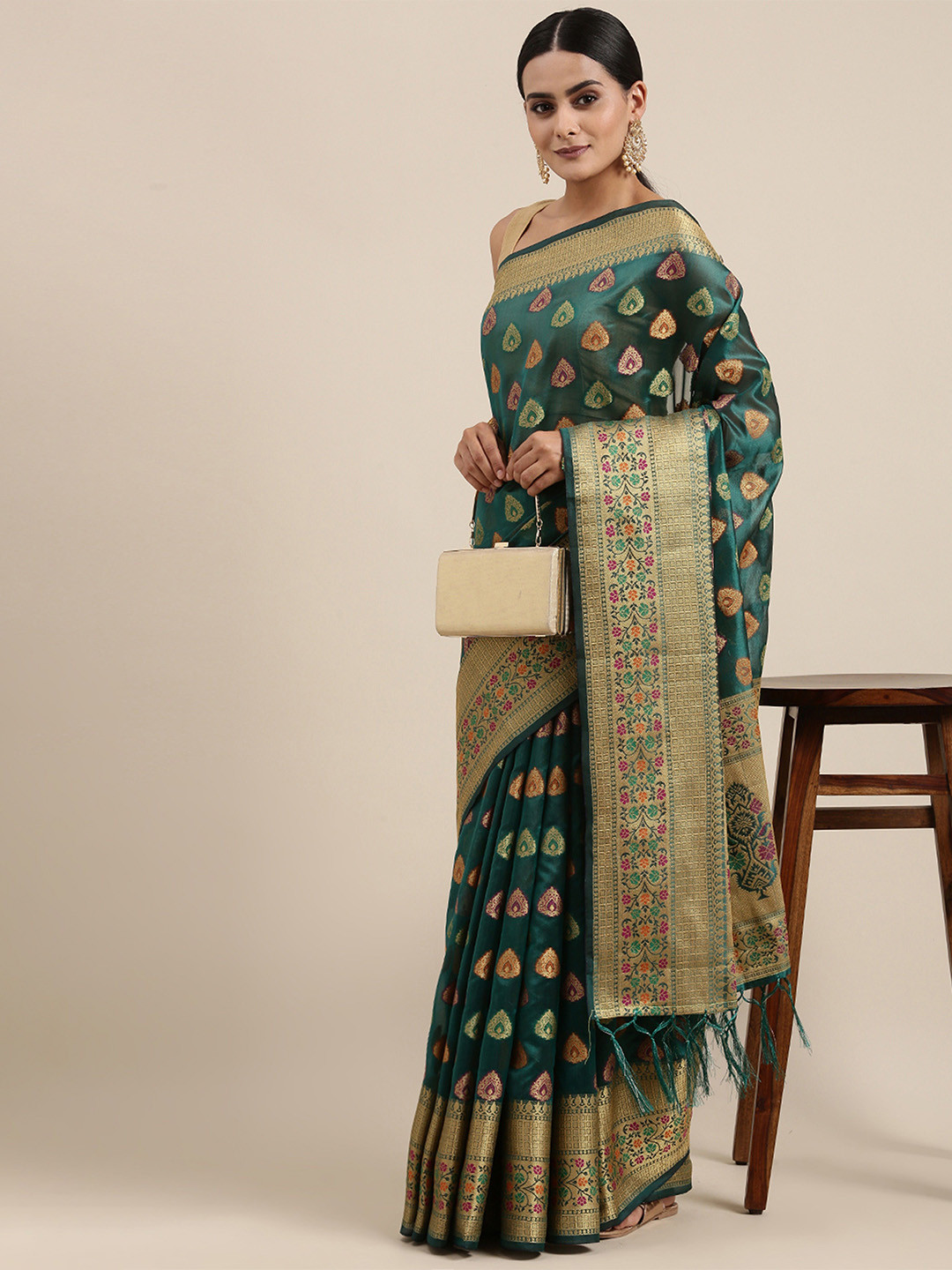 

HEER FASHION Woven Design Zari Organza Banarasi Saree, Green