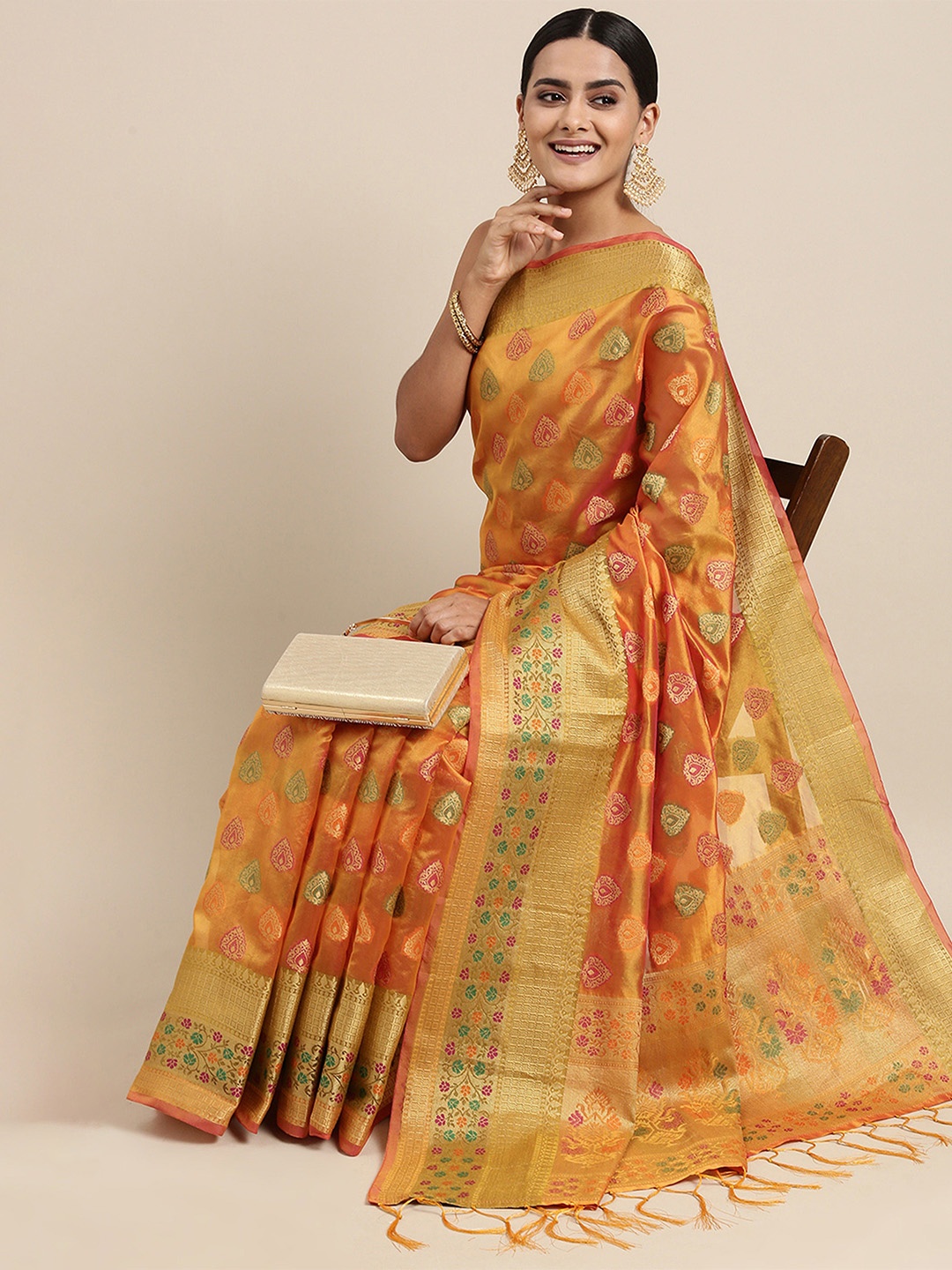 

HEER FASHION Woven Design Zari Organza Banarasi Saree, Mustard