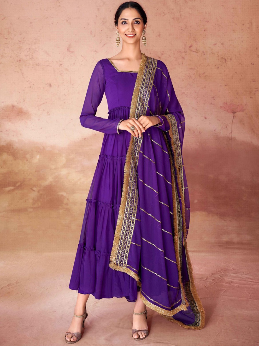 

ODETTE Women Flared Sleeves Sequinned Georgette Anarkali Kurta, Violet