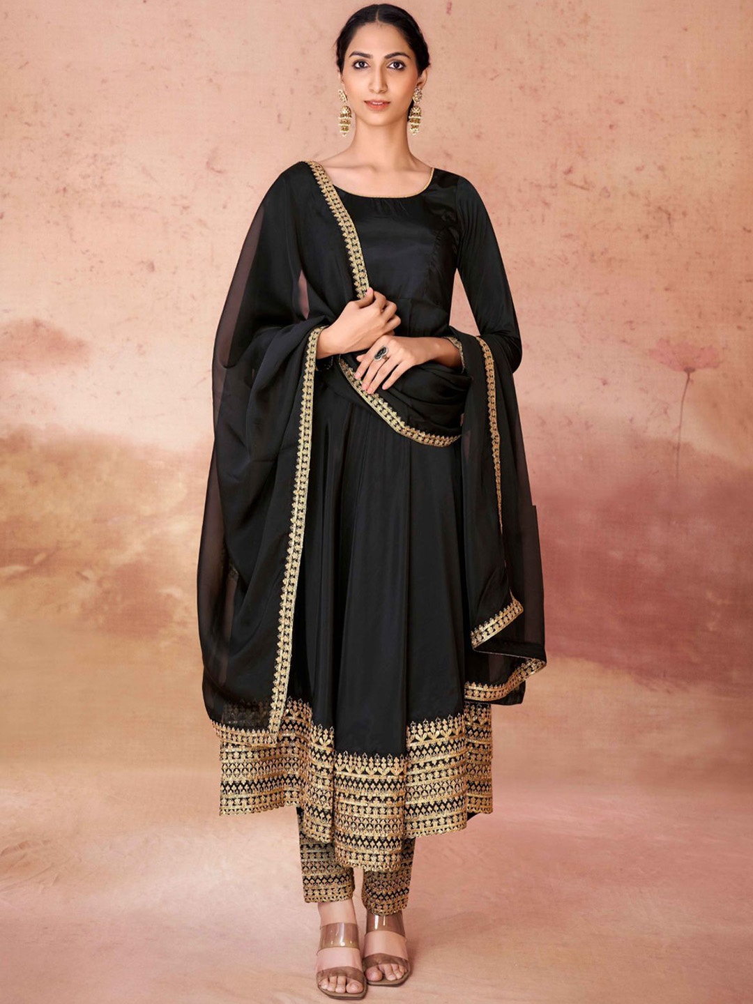 

ODETTE Women Embroidered Regular Thread Work Top with Trousers & With Dupatta, Black