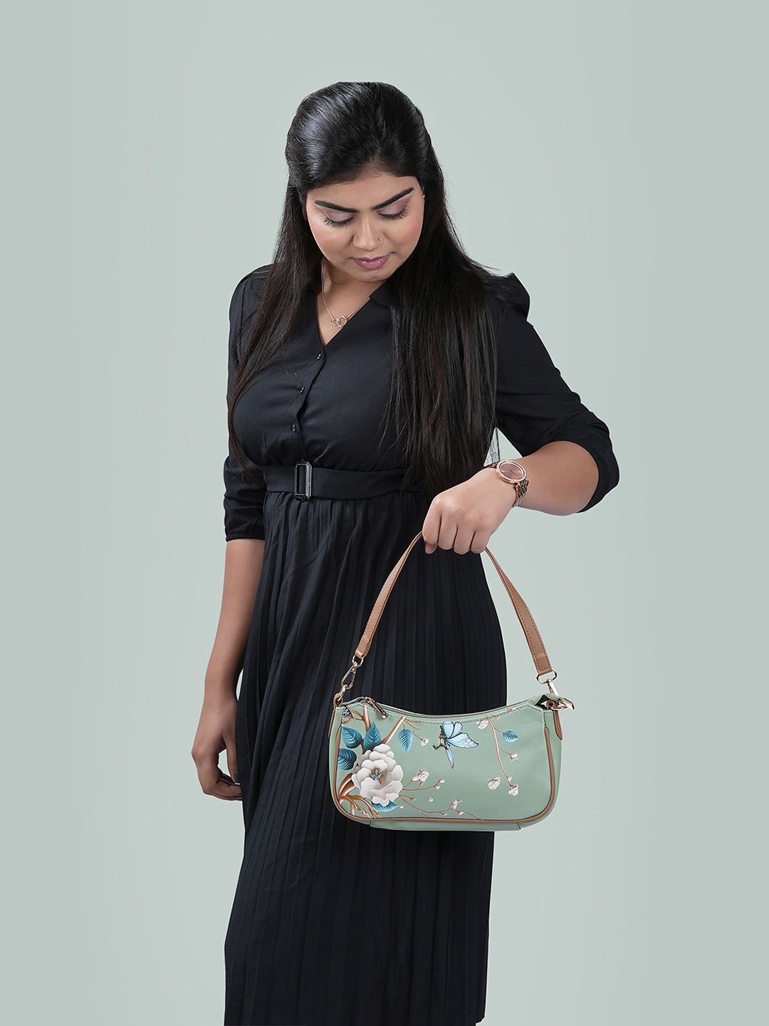 

Mochi Floral Printed Structured Hobo Bag, Green