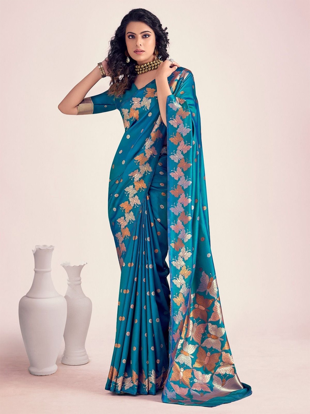 

Upalksh Woven Design Zari Art Silk Kanjeevaram Saree, Turquoise blue