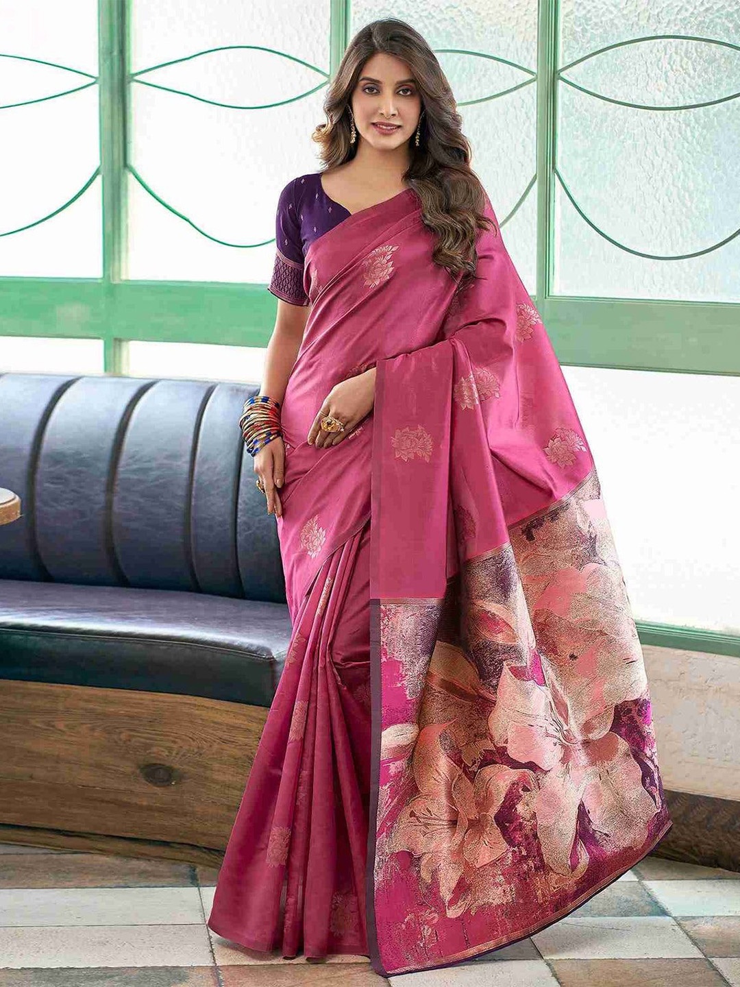 

Upalksh Ethnic Motifs Zari Art Silk Kanjeevaram Saree, Pink