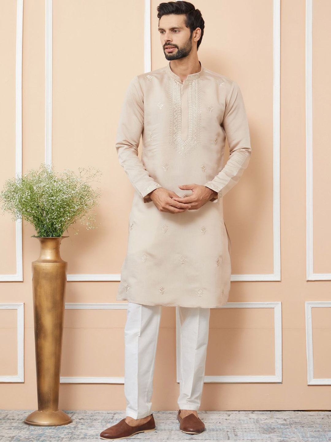 

See Designs Men Floral Embroidered Regular Thread Work Kurta with Pyjamas, Beige