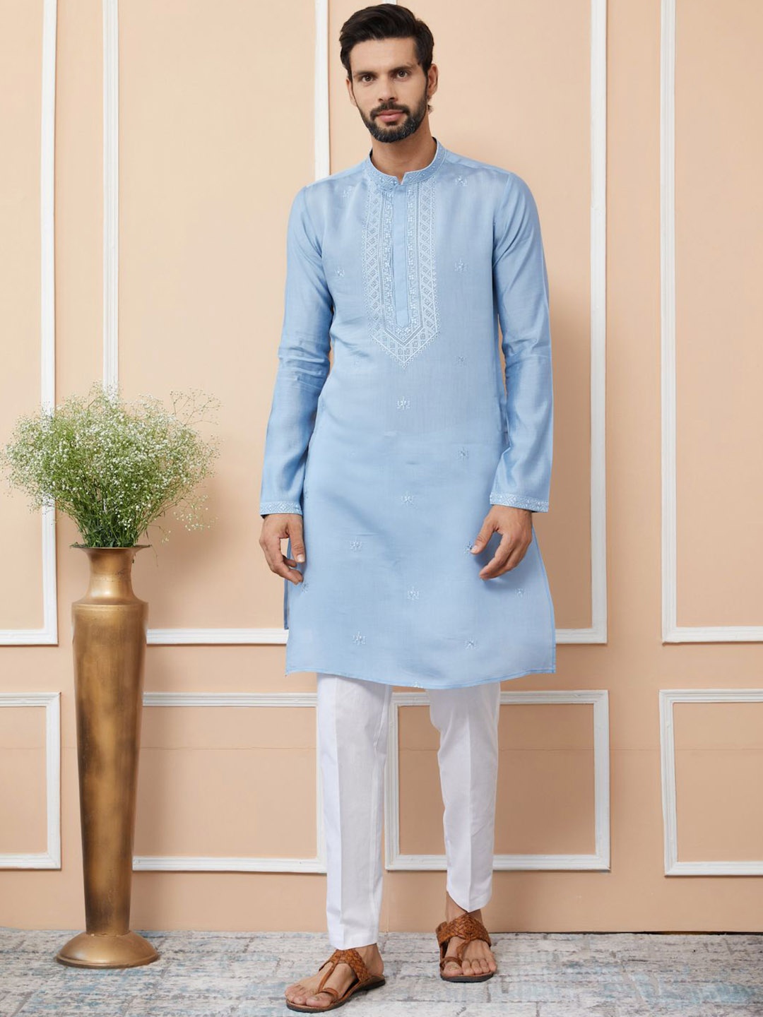 

See Designs Men Embroidered Regular Thread Work Kurta with Pyjamas, Blue