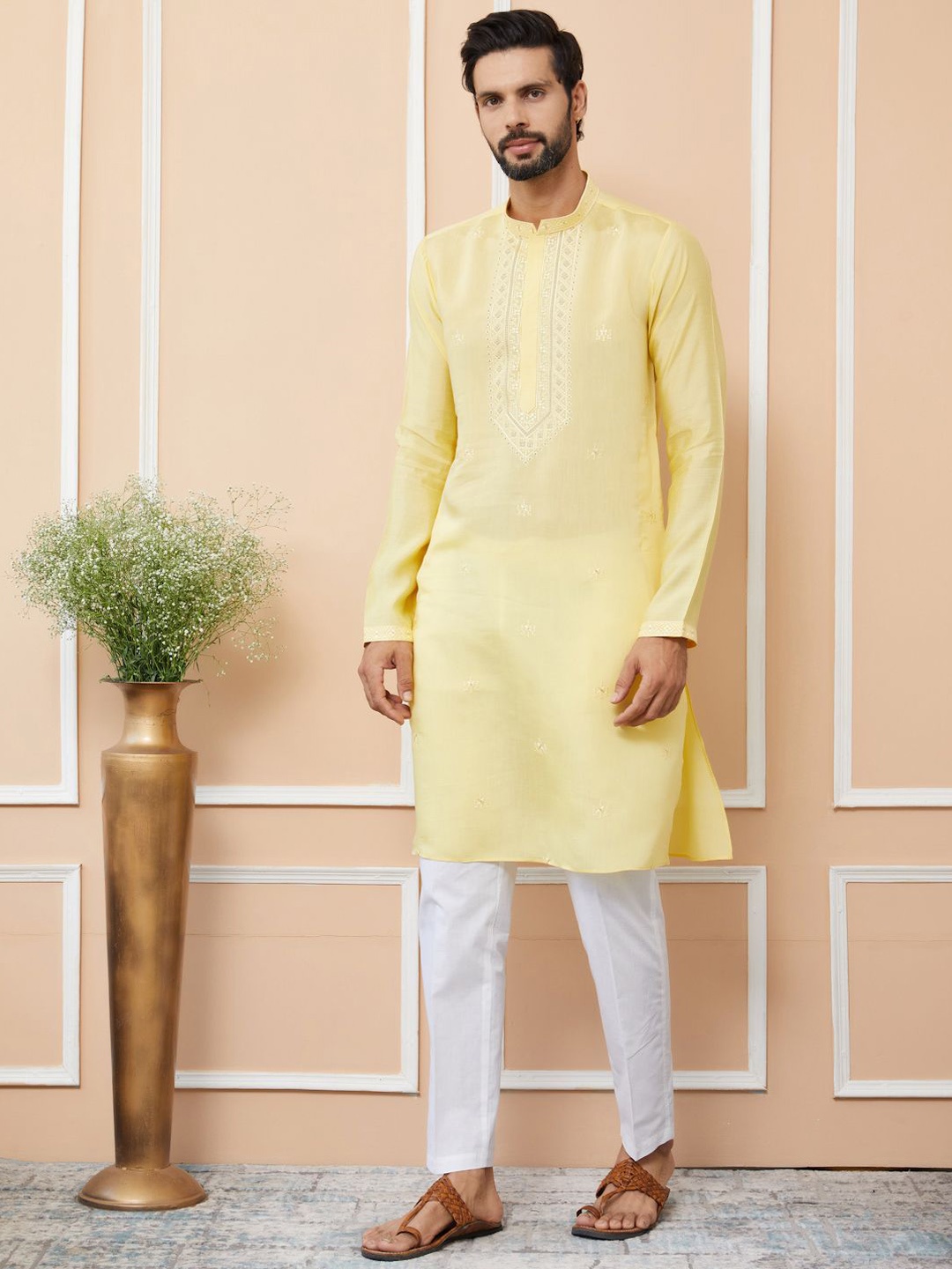 

See Designs Men Floral Embroidered Regular Kurta with Pyjamas, Yellow