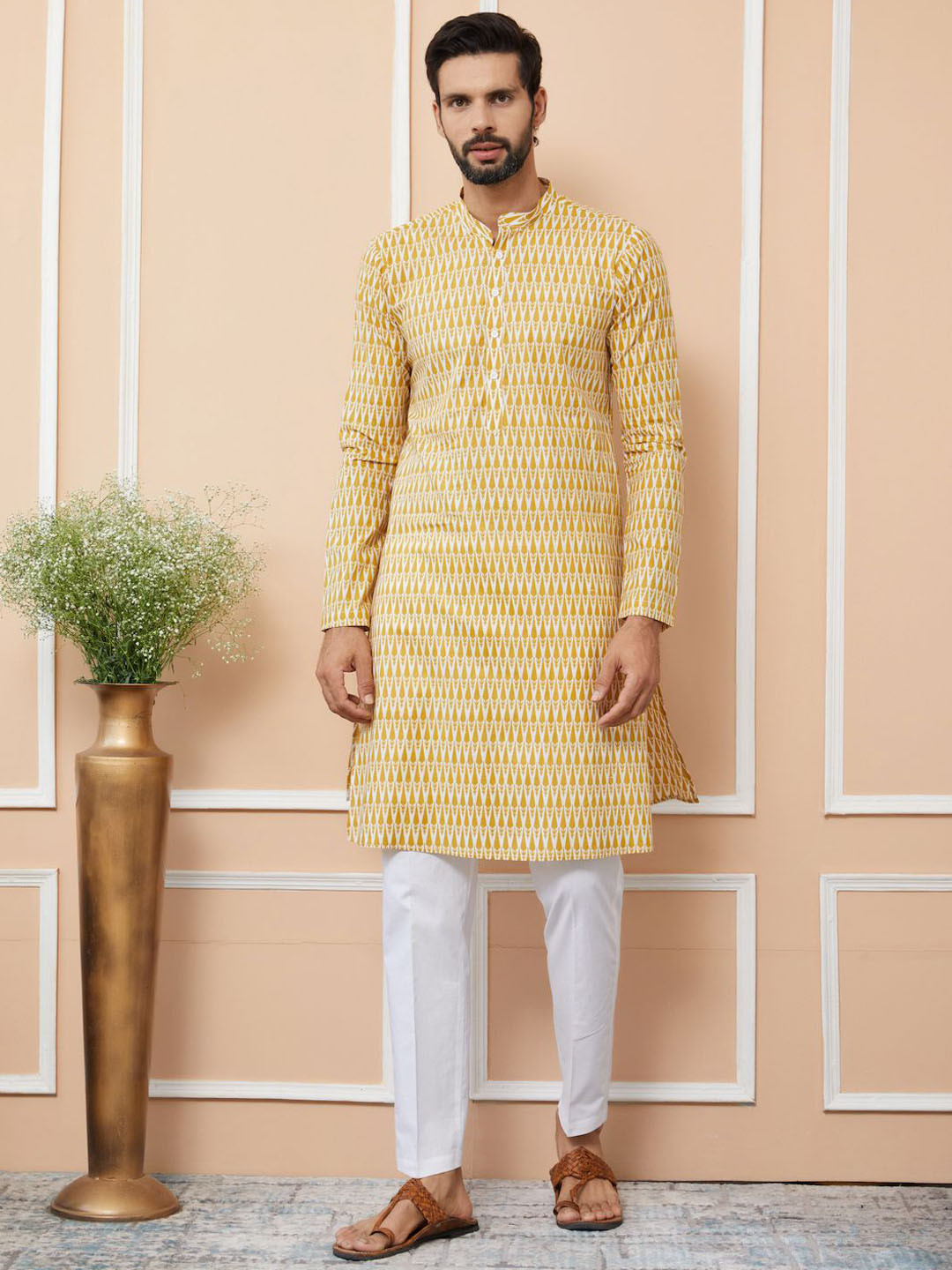 

See Designs Men Printed Regular Pure Cotton Kurta with Pyjamas, Yellow