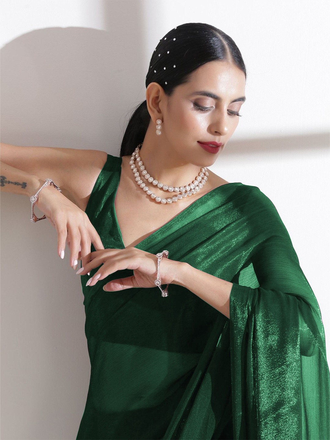 

SWADESI STUFF Pure Chiffon Saree, Green