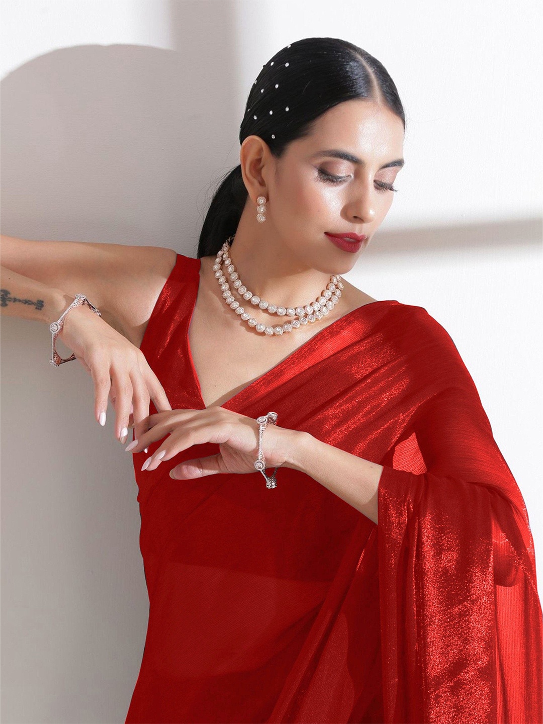 

SWADESI STUFF Pure Chiffon Saree, Red