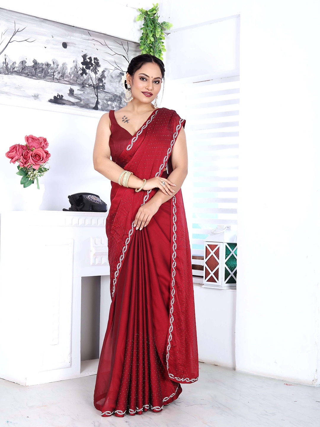 

SWADESI STUFF Embellished Beads and Stones Satin Saree, Red