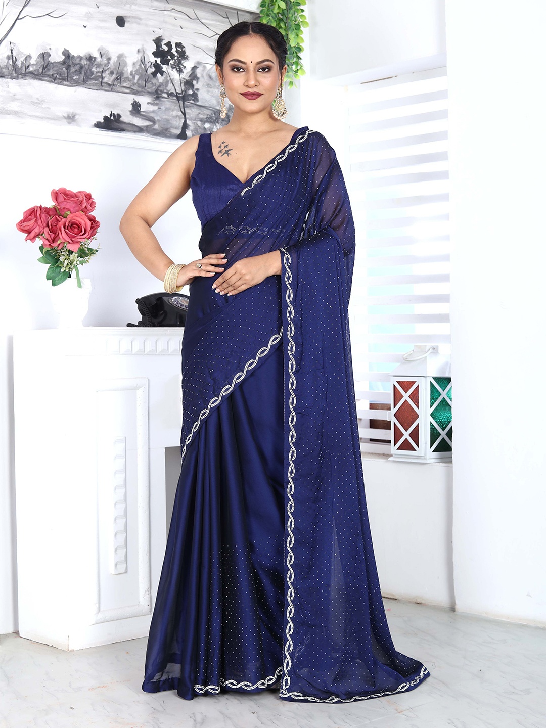 

SWADESI STUFF Embellished Beads and Stones Satin Saree, Navy blue