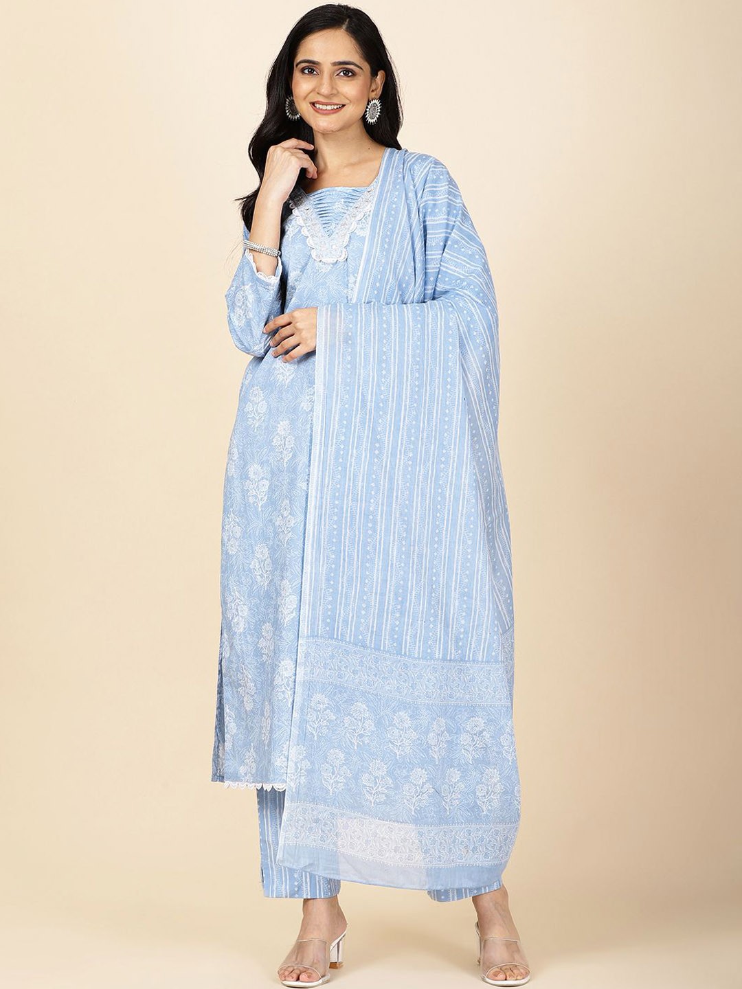 

Meena Bazaar Women Floral Printed Regular Kurta with Trousers & With Dupatta, Blue