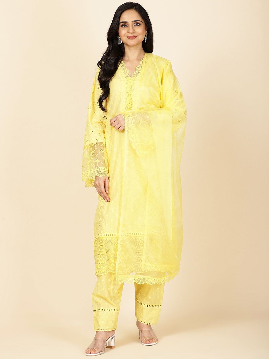 

Meena Bazaar Women Floral Embroidered Regular Kurta with Trousers & With Dupatta, Yellow