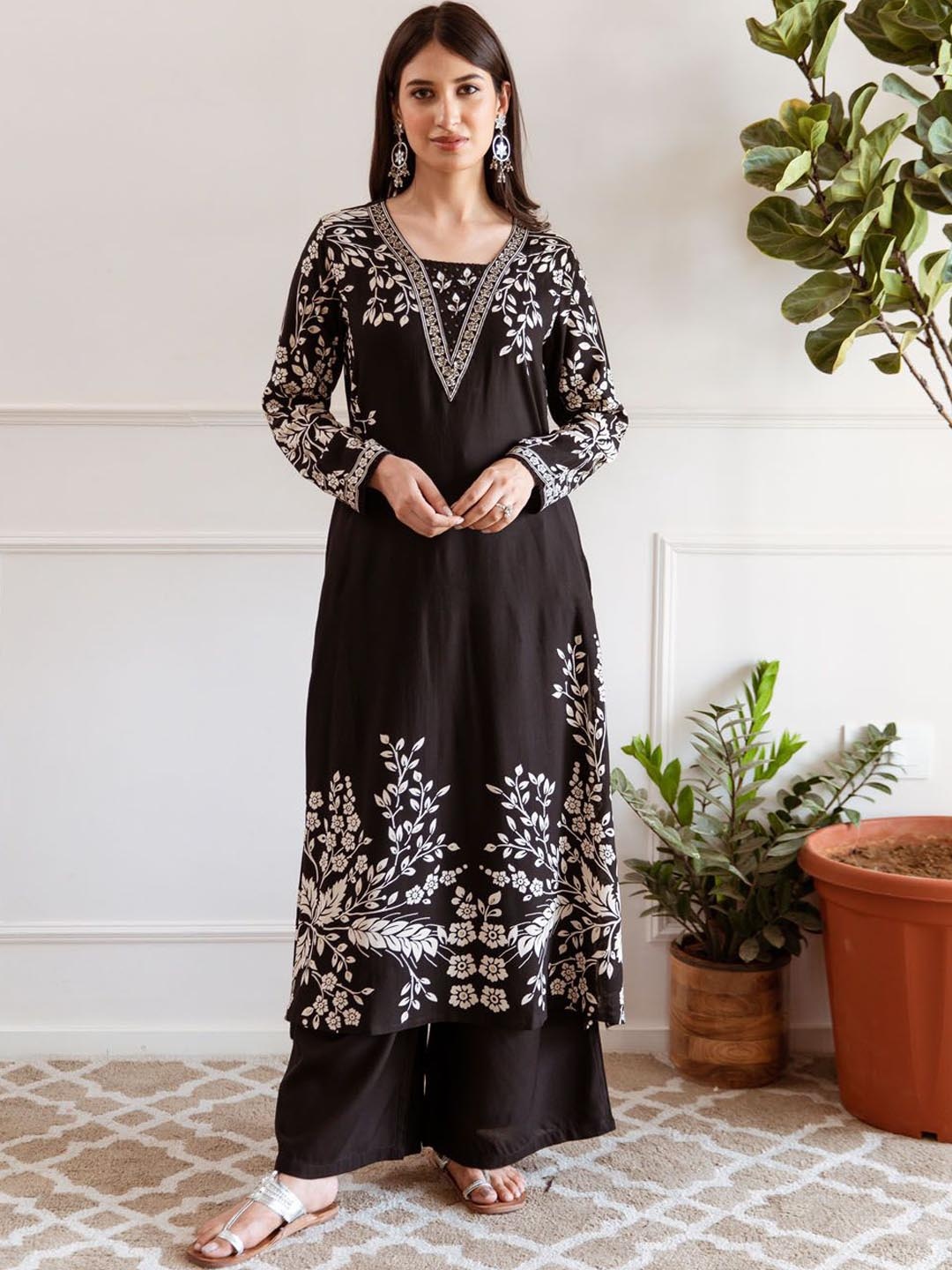 

Meena Bazaar Women Floral Printed Regular Kurta with Trousers, Black