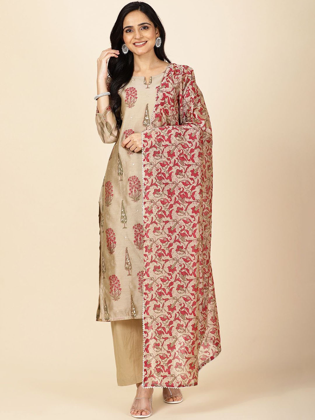 

Meena Bazaar Women Floral Printed Regular Kurta with Trousers & With Dupatta, Beige