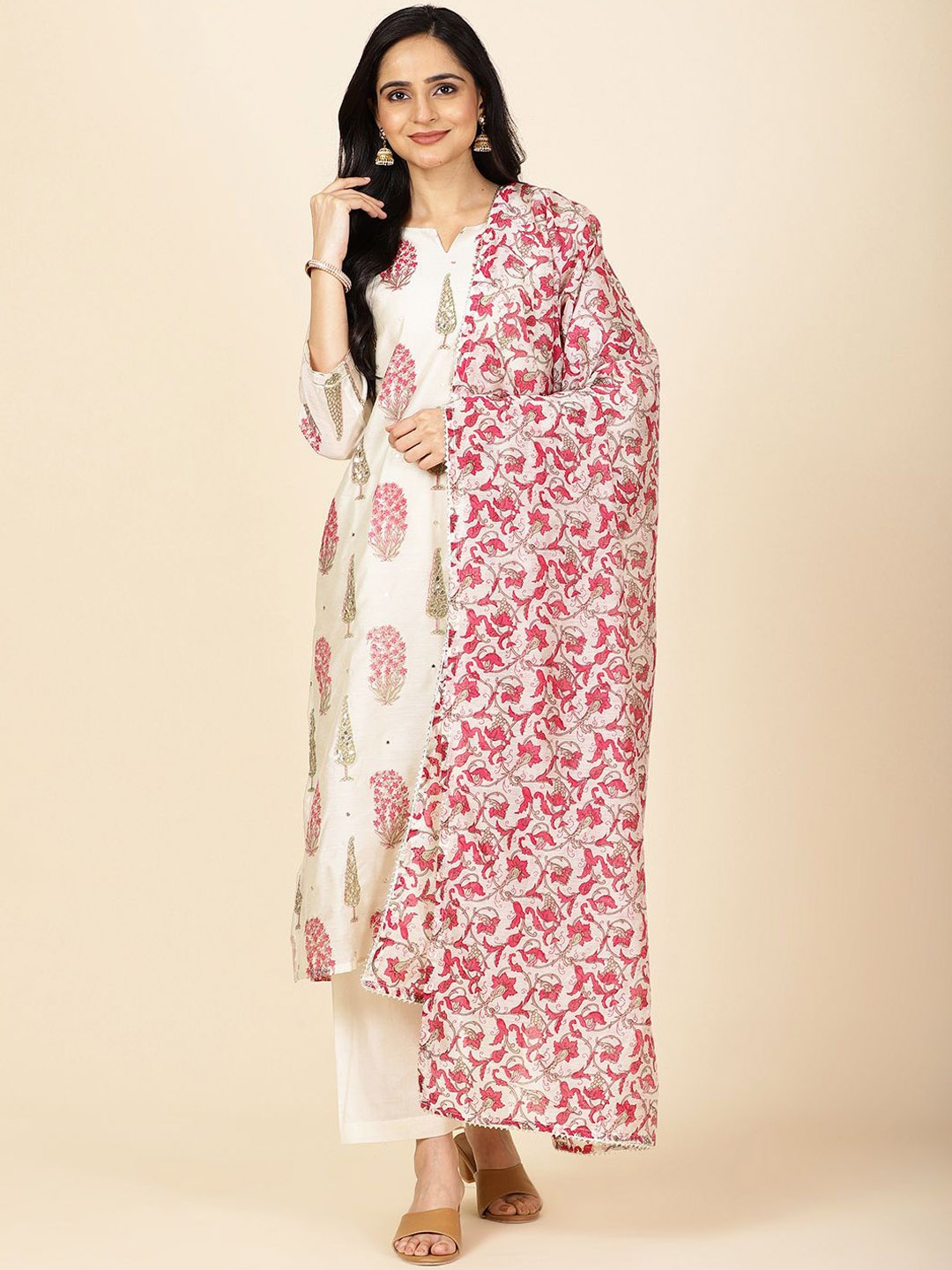 

Meena Bazaar Women Ethnic Motifs Printed Regular Kurta with Trousers & With Dupatta, Cream