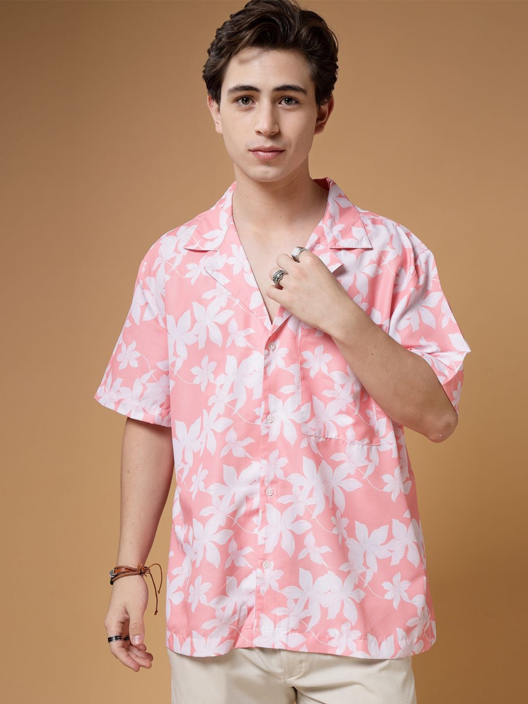 

VESTIDO MODAS Unisex Floral Printed Oversized Casual Shirt, Pink