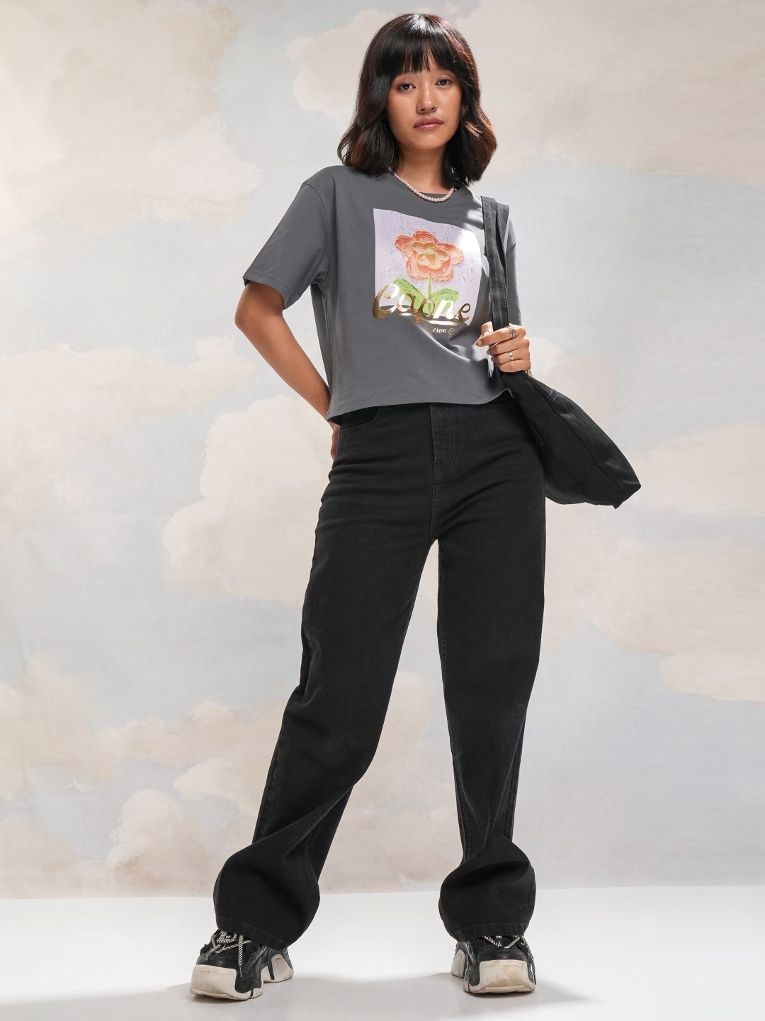 

Street By Tokyo Talkies Women Printed Extended Sleeves Cut Outs T-shirt, Grey