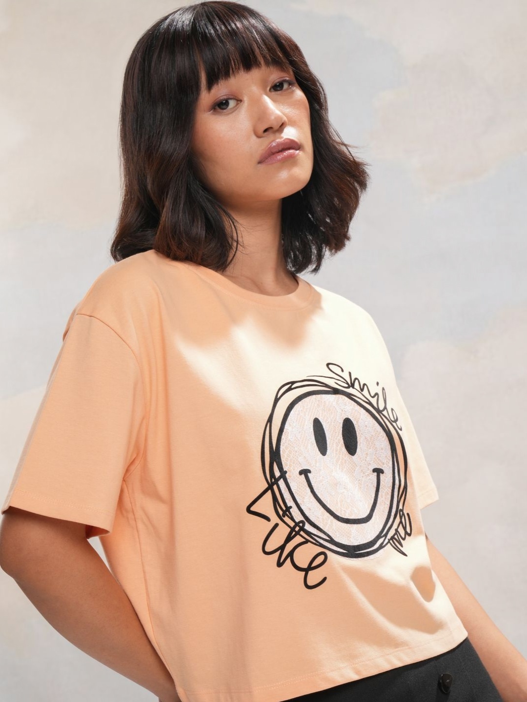 

Street By Tokyo Talkies Women Typography Printed Pockets T-shirt, Peach