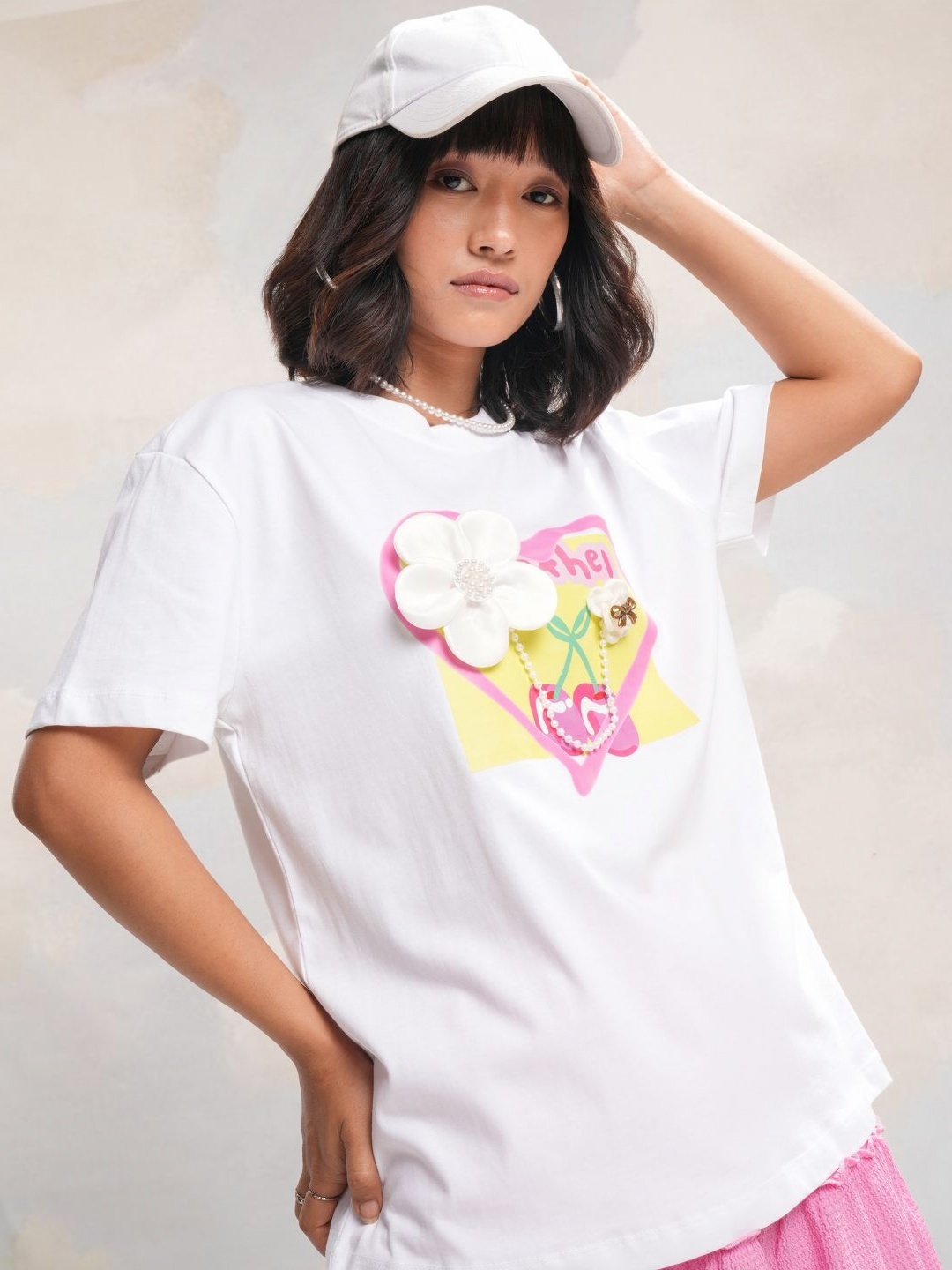 

Street By Tokyo Talkies Women Printed Extended Sleeves Applique T-shirt, White