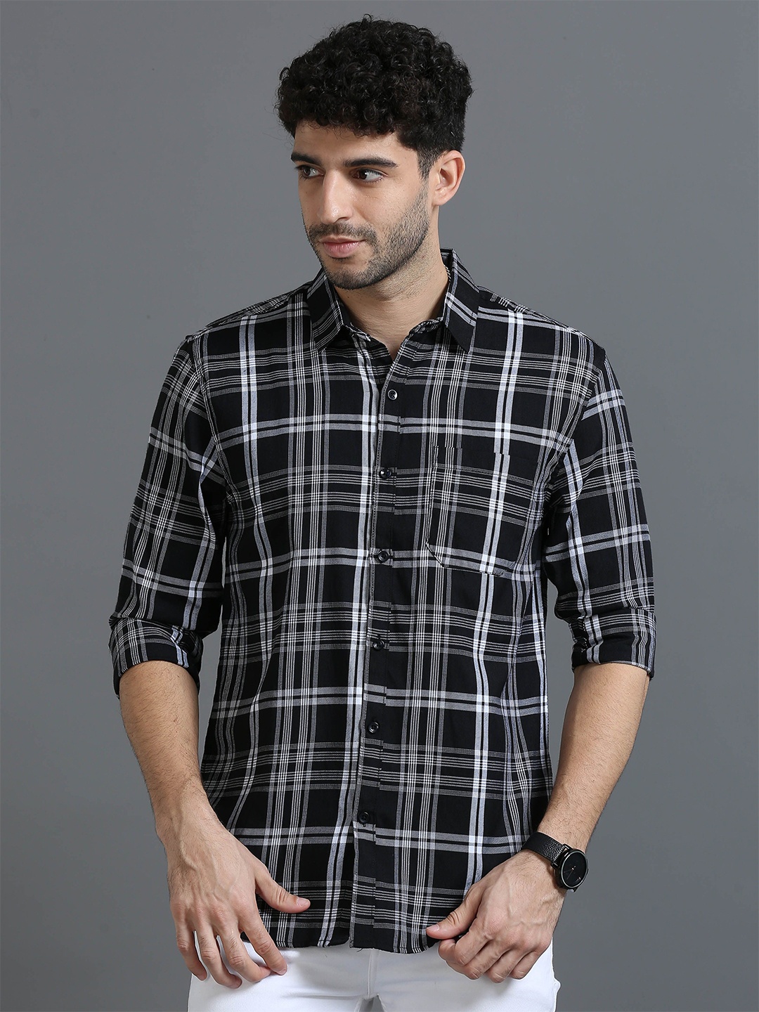 

Rope Men Classic Slim Fit Tartan Checks Opaque Checked Casual Shirt, Black