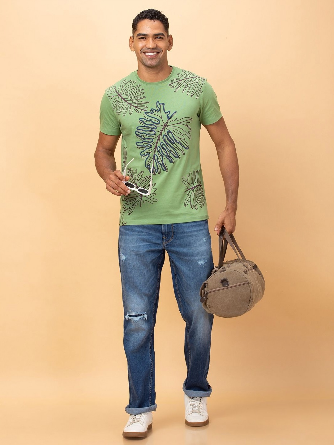 

Being Human Men Floral Printed Cut Outs T-shirt, Green