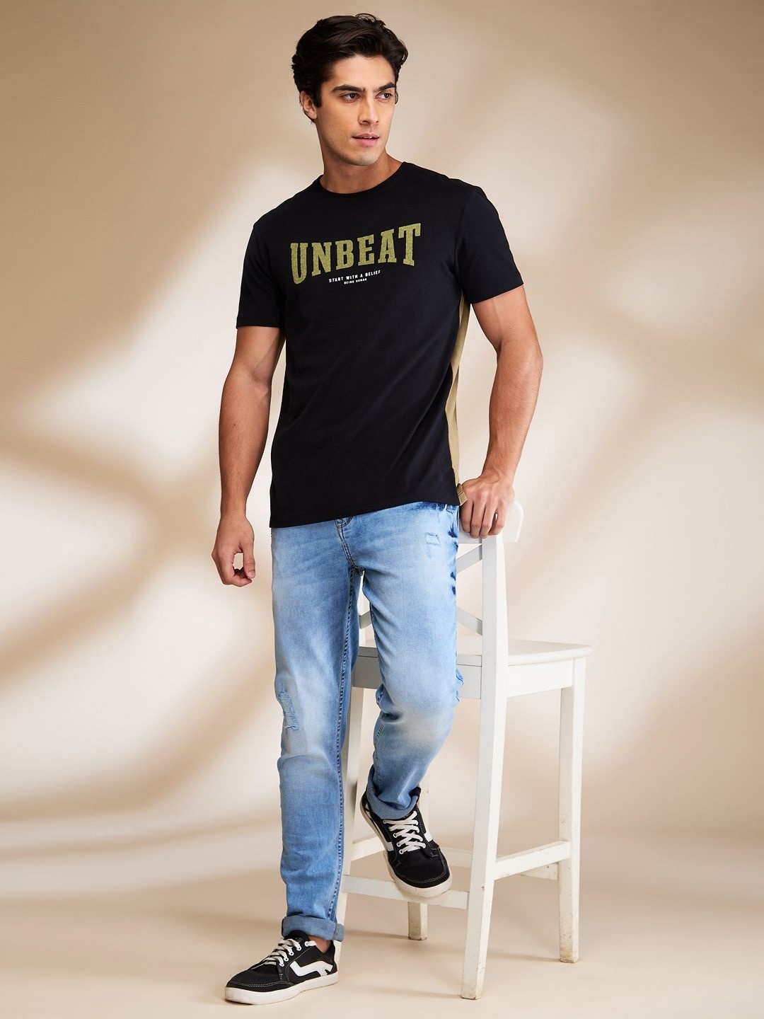 

Being Human Men Typography Printed Raw Edge T-shirt, Black