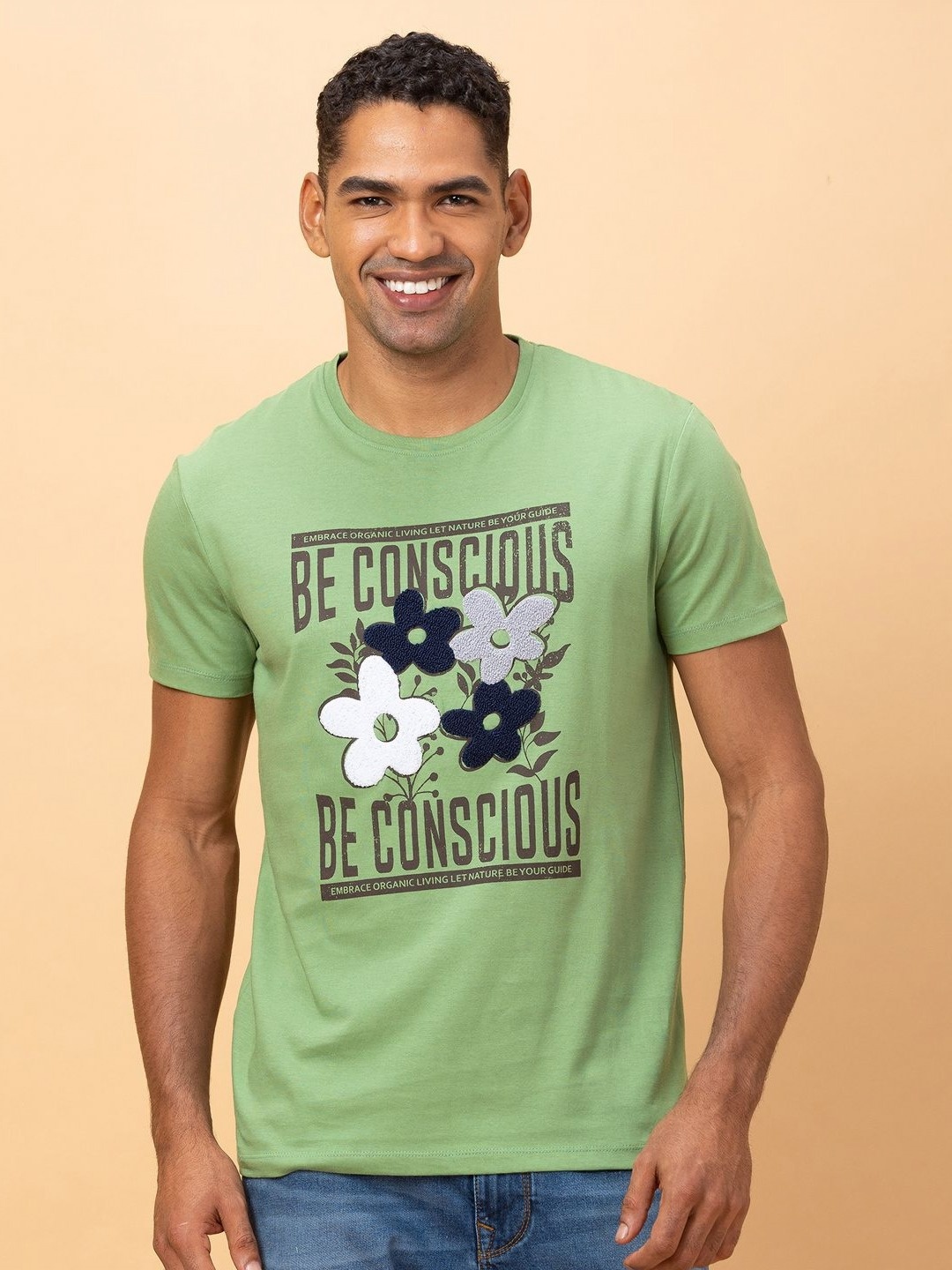 

Being Human Printed Raw Edge Pure Cotton T-shirt, Green