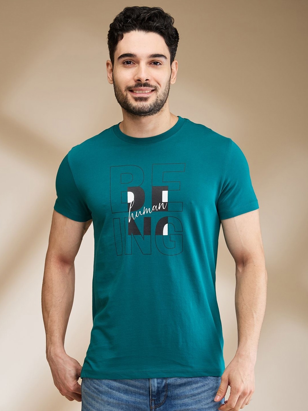 

Being Human Men Typography Printed Applique T-shirt, Grey