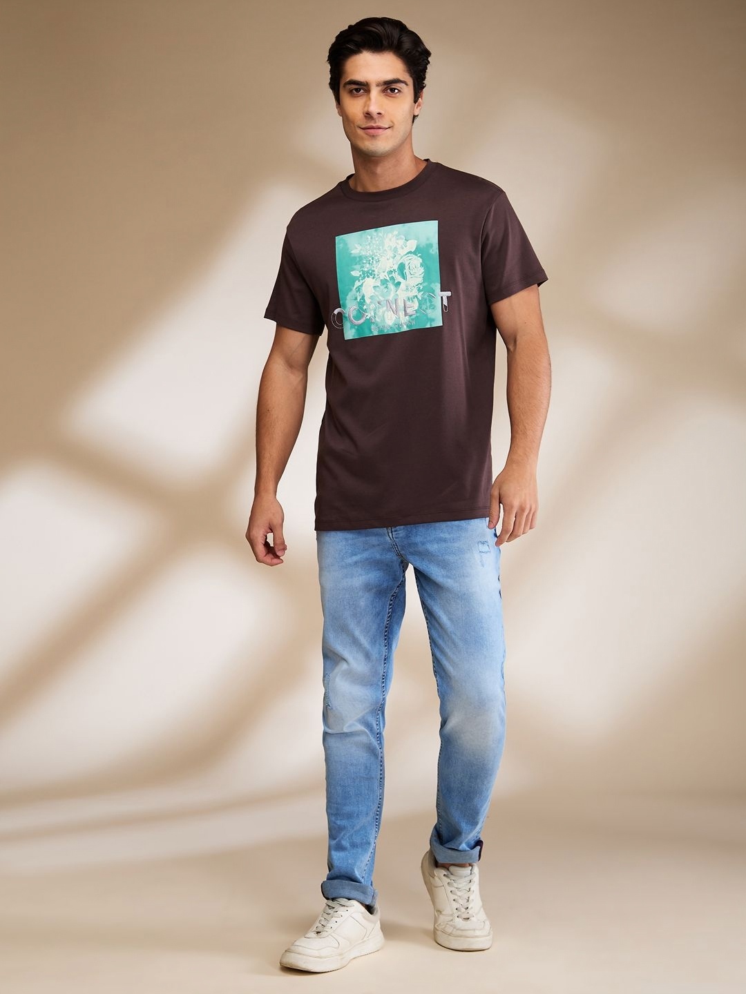 

Being Human Men Floral Printed Raw Edge T-shirt, Brown